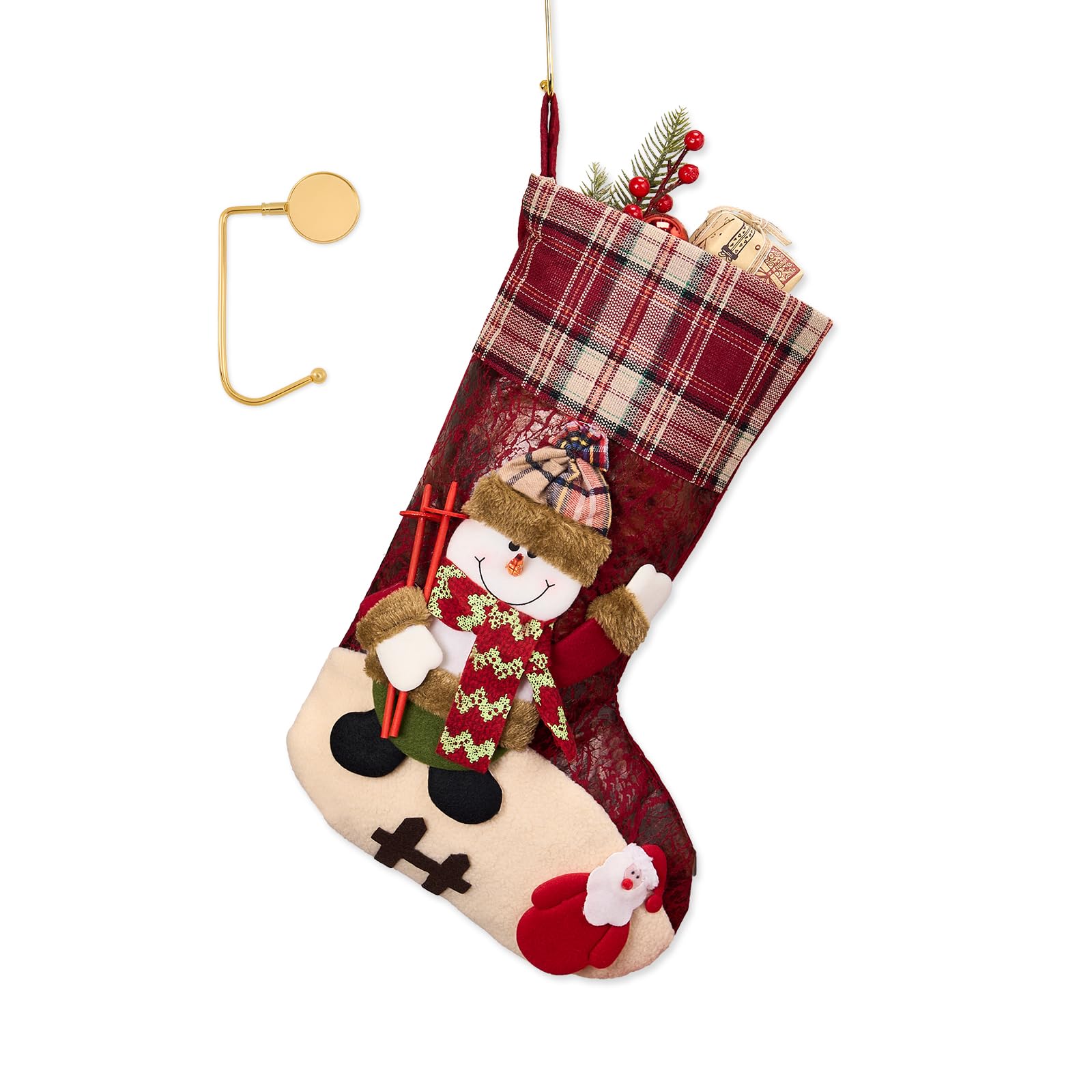 Photo 1 of 1 Pack Jumbo 3D Christmas Stockings with Golden Hooks, Extra Large 18'' Xmas Socks for Fireplace Mantel Decor, Holiday Hanging Stockings Set for Gifts (Plaid Snowman)