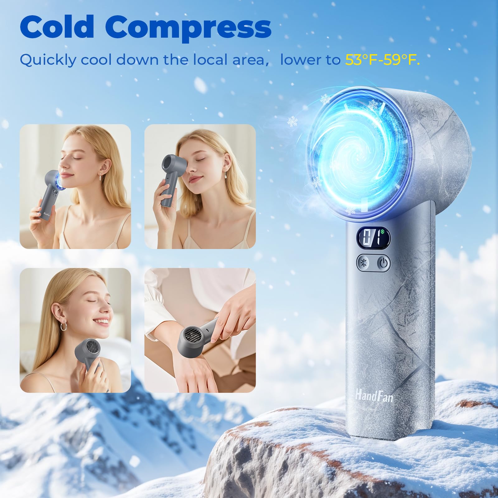 HandFan 5200mAh High Speed Handheld Turbo Fan, 13000 RPM Powerful Cooling Ice Fan, Portable Mini Fans Rechargeable, 100 Speeds Adjustable, for Summer Beach Travel Concerts, Gifts for Women(Gray)
