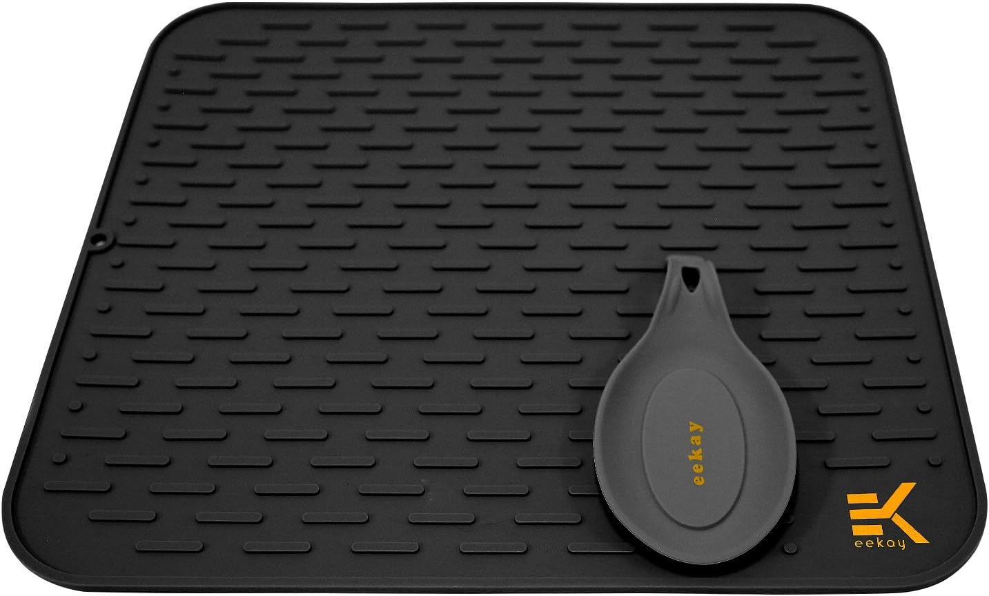 Eekay Wares XXL Black Silicone Drying Mat with bonus silicone spoon rest & storage band for easy storage- Easy Clean, Heat Resistant, Antibacterial ( 21 X 18 Inches )