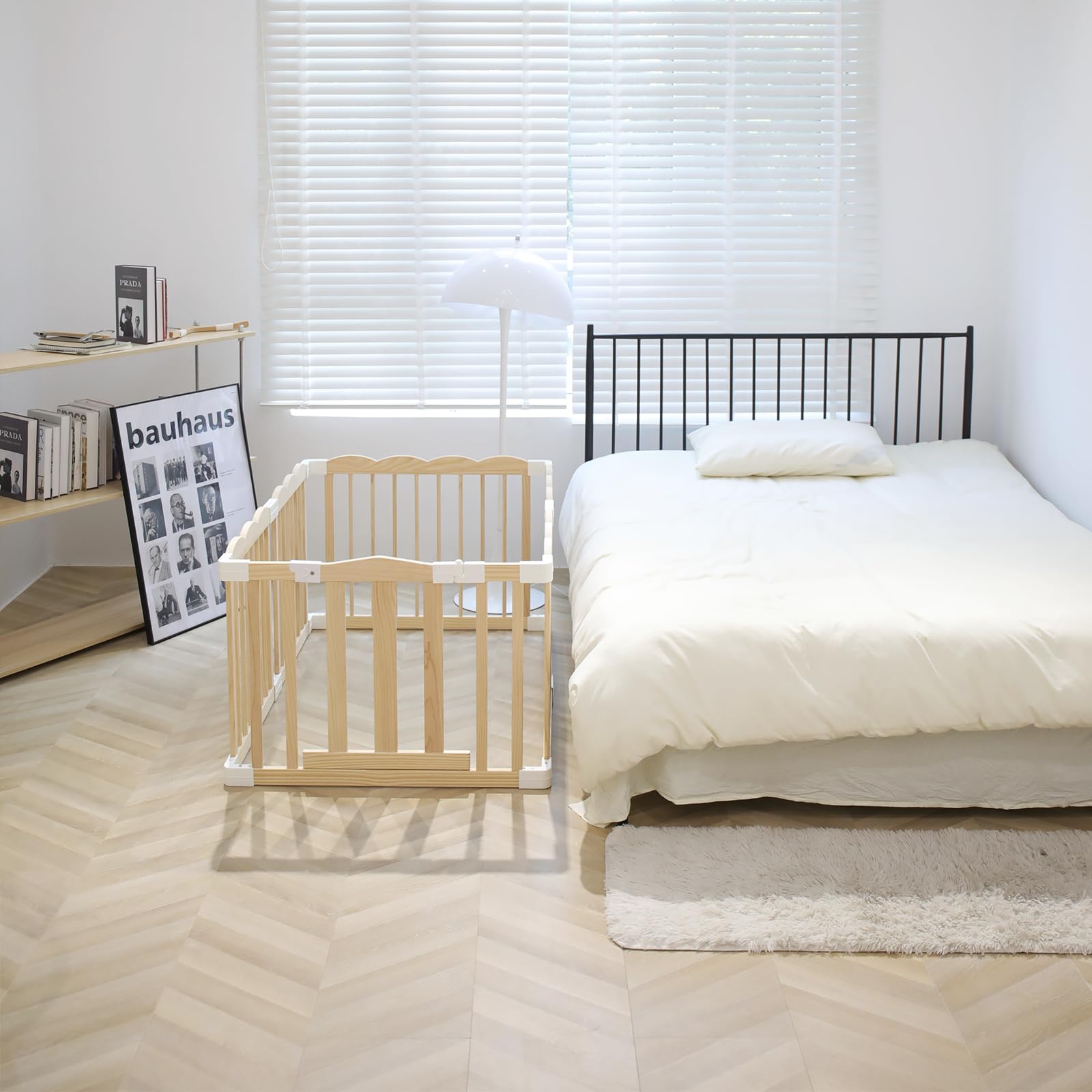 Baby Playpen, Wooden Playpen for Babies and Toddlers, Large Adjustable Wooden Baby Playard with Locking Gate, Easy to Assemble, Portable Play Pen, Infant Play Pen Play Area(47x62x24 Inch)