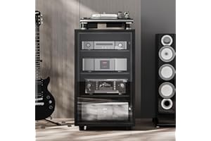 GRUFLE Media Storage Cabinet, Audio Video Media Stand Cabine with 3 Height-Adjustable Shelves, AV Cabinet Audio Rack with Glass Door and Cable Management for Living, Gaming, Recording Room