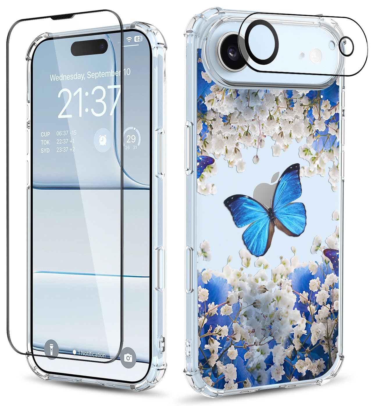 ilnehc for iPhone 17 Air Case,[3 in 1] with Screen Protector & Camera Lens Protector, Flower Pattern Design,Clear Soft Shockproof Slim Floral Phone Cover for Women Girls 2025 6.5" (Butterfly/Blue)