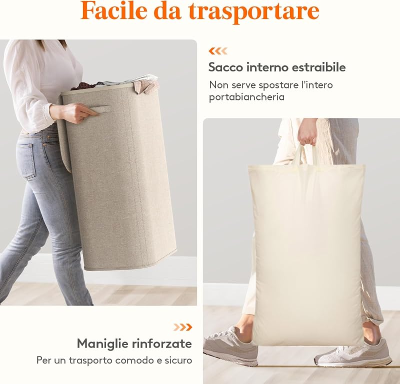Cesto Portabiancheria, Cesta Panni Sporchi con coperchio, Laundry Basket con Plastica Manici, Porta Biancheria Sporca per Bagno, Lavanderia, Camera da Letto, 105 L, Beige