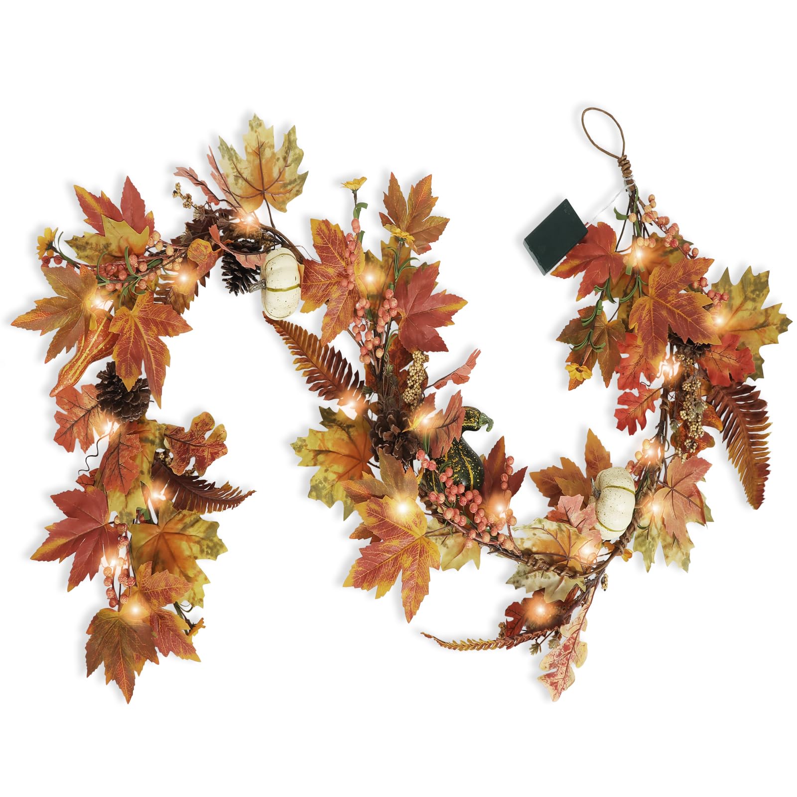 Photo 1 of Artgar Fall Garland - 6 Ft Maple Leaf Pumpkin Berry Garland - Fall Decor Garlands with 30 Warming Lights for Thanksgiving Halloween Mantel Table Indoor Outdoor Decor