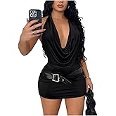 SOLY HUX Women's Sexy Deep V Halter Mini Dress Sleeveless Backless Draped Cowl Neck Bodycon Party Club Dresses