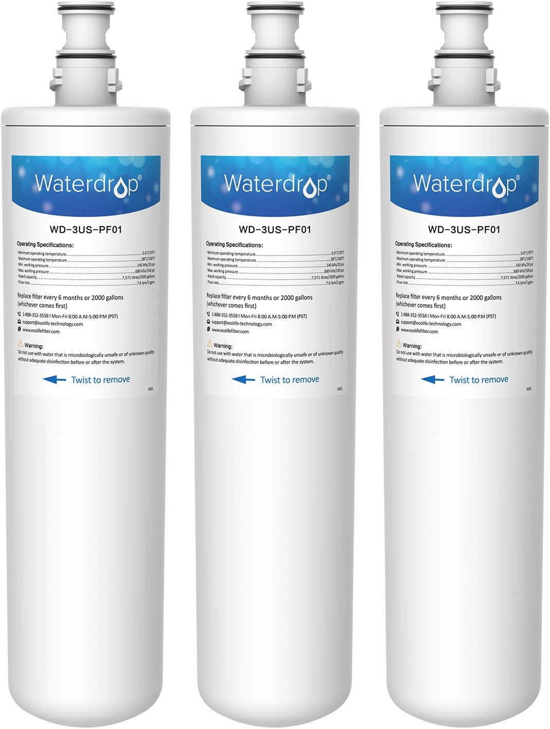 Waterdrop 3US-PF01 Under Sink Water Filter, Replacement for Advanced 3US-PF01, 3US-MAX-F01, 3US-PS01, 3US-MAX-S01, Aqua-Pure C-Cyst-FF, Manitowoc K-00337, K-00338, Pack of 3: Kitchen & Dining