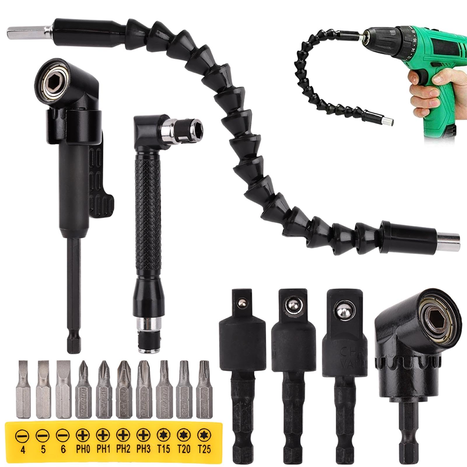 Photo 1 of 17Pcs Flexible Drill Bit Extension, with 3pcs Rotatable Socket Adapter, 2Pcs Hex Shank 105° Right Angle Drill Attachment, 10pcs Short Screwdriver Bit, 90° Angled Bits and Bendable Drill Bit Extension