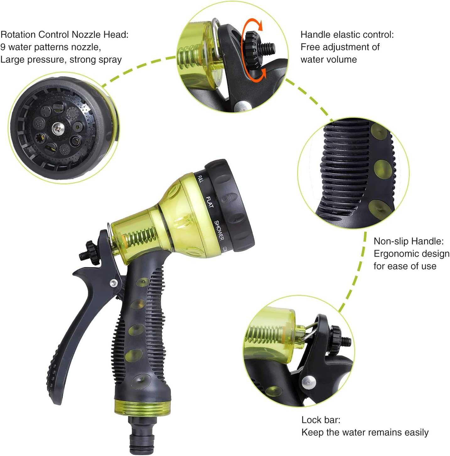Garden Hose Nozzle, Hose Spray Nozzle, Water Hose Nozzle with 9 Adjustable Watering Patterns, Heavy Duty Hose Nozzle for Watering Plants, Cleaning, Car Wash and Showering Pets, Slip and Shock Resistant : Garden & Outdoor