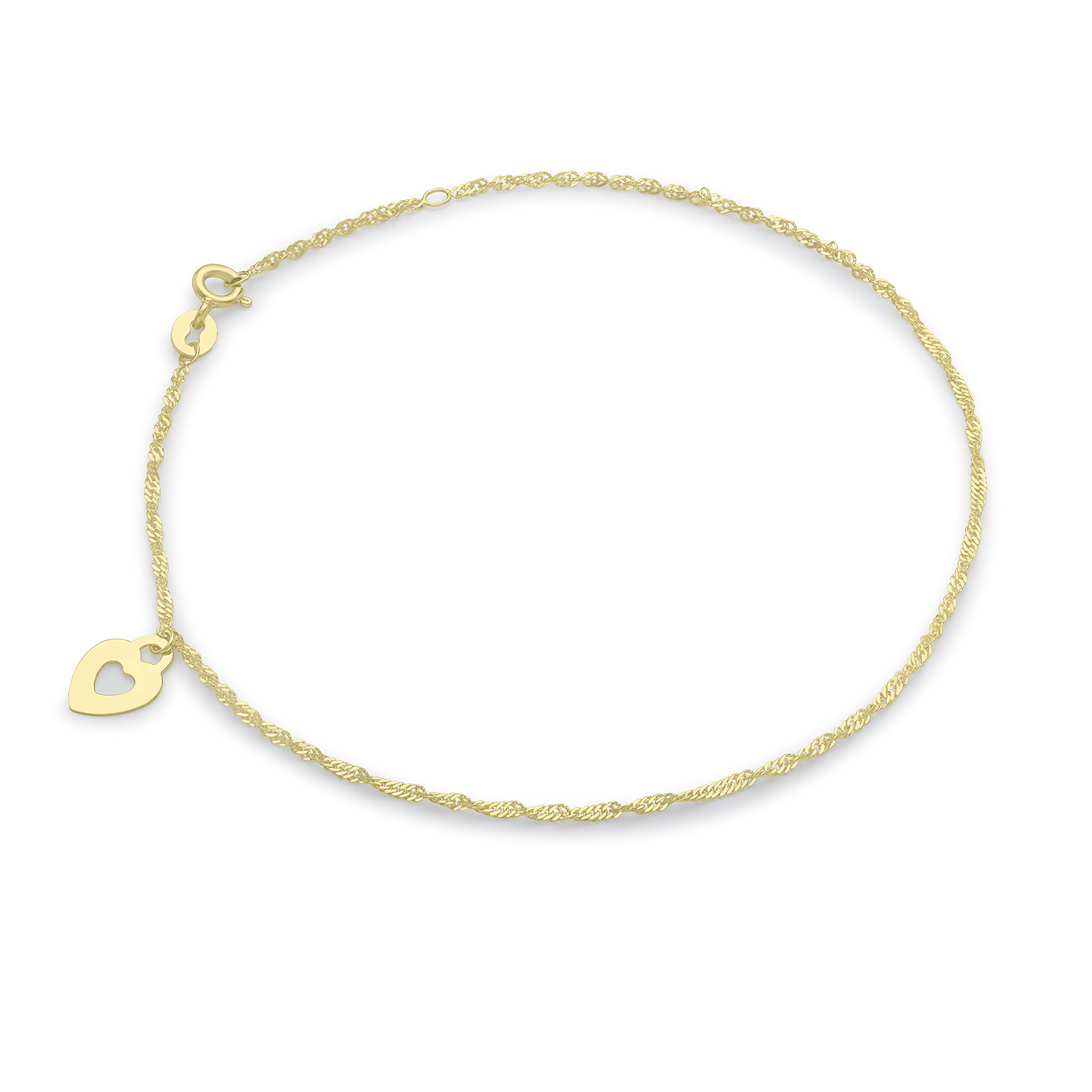 CARISSIMA Women's 9 ct Yellow Gold Heart and Twist Curb Chain Anklet of Length 23 cm/9 Inch