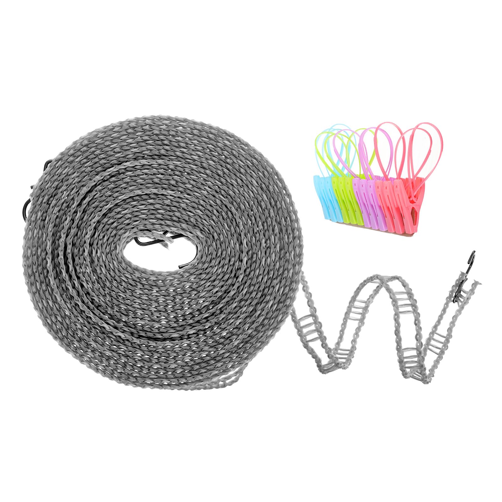 Photo 1 of uxcell Windproof Clothesline, 8M 26ft Plastic Non-Slip Clothes Drying Rope with 12 Clips, Portable Washing Line for Outdoor Camping Traveling, Grey