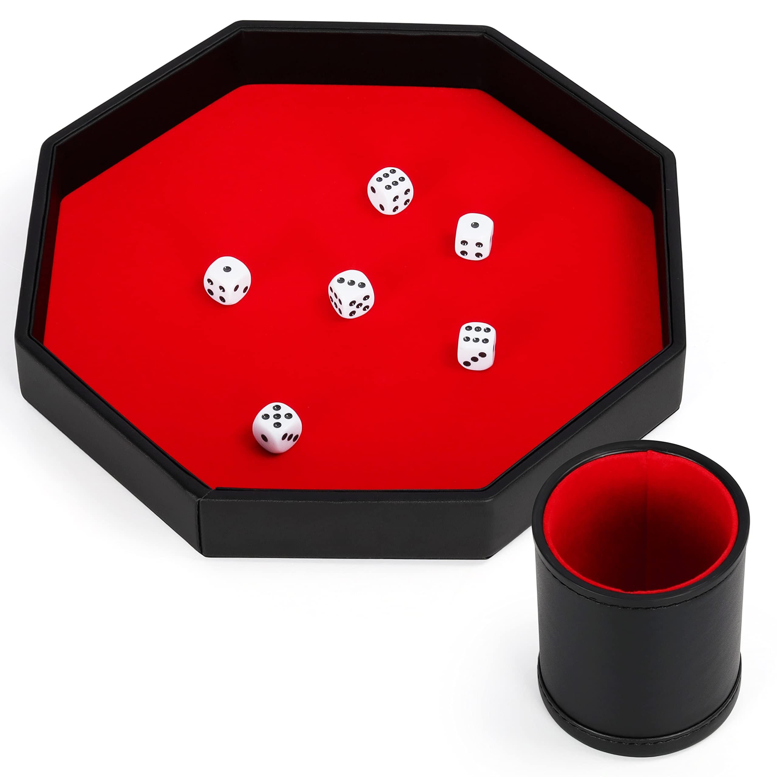 Belle Vous Black PU Leather and Red Velvet Octagon Rolling Dice Storage Tray with Cup & Dice Holder Box for Tabletop Games Like RPG and DND/D&D - Catchall Tray for Jewellery