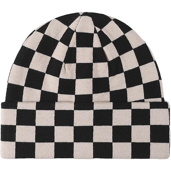 Checkerboard Blue White Plaid Beanie Hat for Men Women Beanie