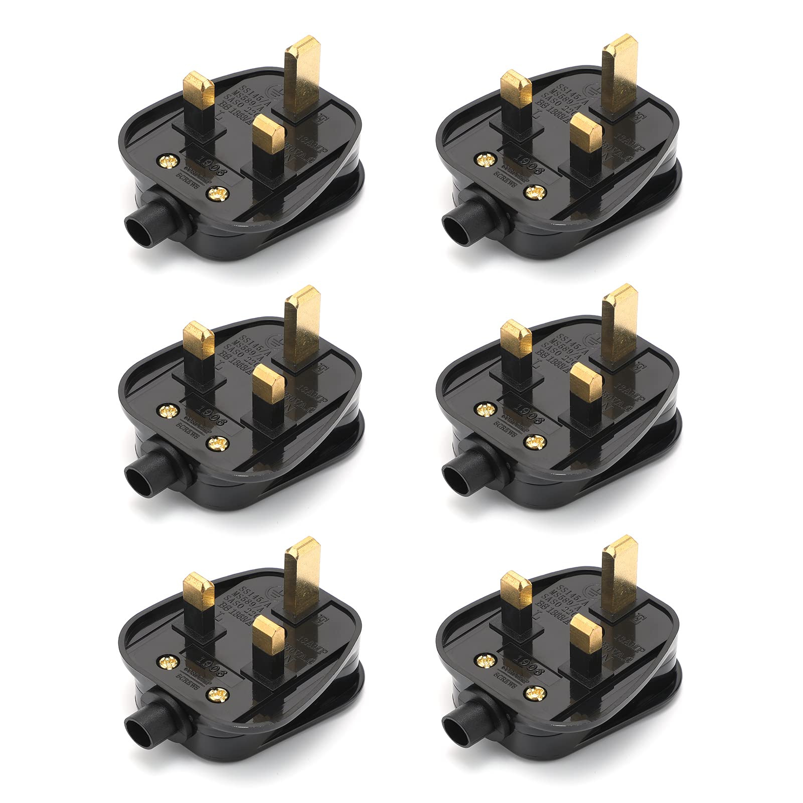 AUKENIEN 3 Pin Plug UK 13 Amp 13A Mains Plugs 13 A Fused Plug with Cord Grip Electrical 3pin Plugs , Black (Pack of 6)