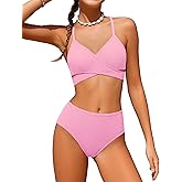 Doumlop Girls Swimsuit Bikini Set,Criss Cross Bathing Suits for Girl Two Piece Solid Color Girls' Swimwear for 7-16 Years