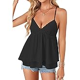 LYANER Women's Lace Babydoll Tank Top Sexy Deep V Neck Spaghetti Strap Sleeveless Cami Flared Hem Flowy Peplum Tops