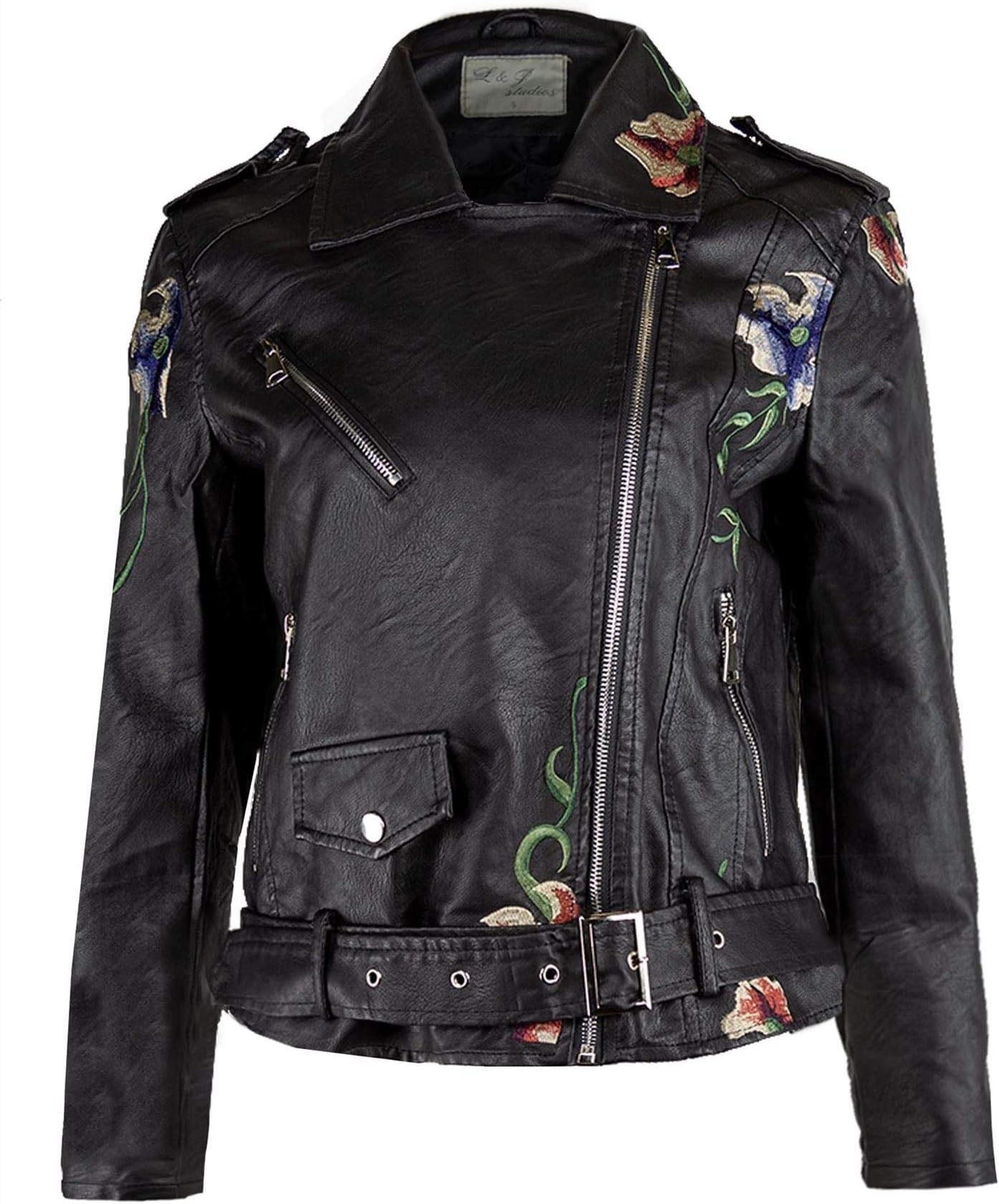 LOTMARTWomens Soft Faux Leather Biker Jacket Epaulettes