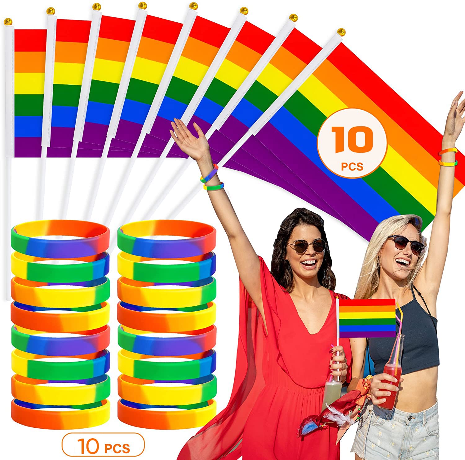 HusDow Pride Decorations,10pcs Small Gay Pride Flag and 10pc Rainbow LGBTQ Lesbian Wristbands Pride Accessories for Pride Month Parade