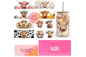 Kaciola 9 Sheets UV DTF Cup Wraps for 16 oz- Highland Cow Theme UV DTF Stickers, 1 Sheet Mysterious Pattern Transfer, Rub on Transfers Stickers for 16 oz Libbey Glasses Crafting
