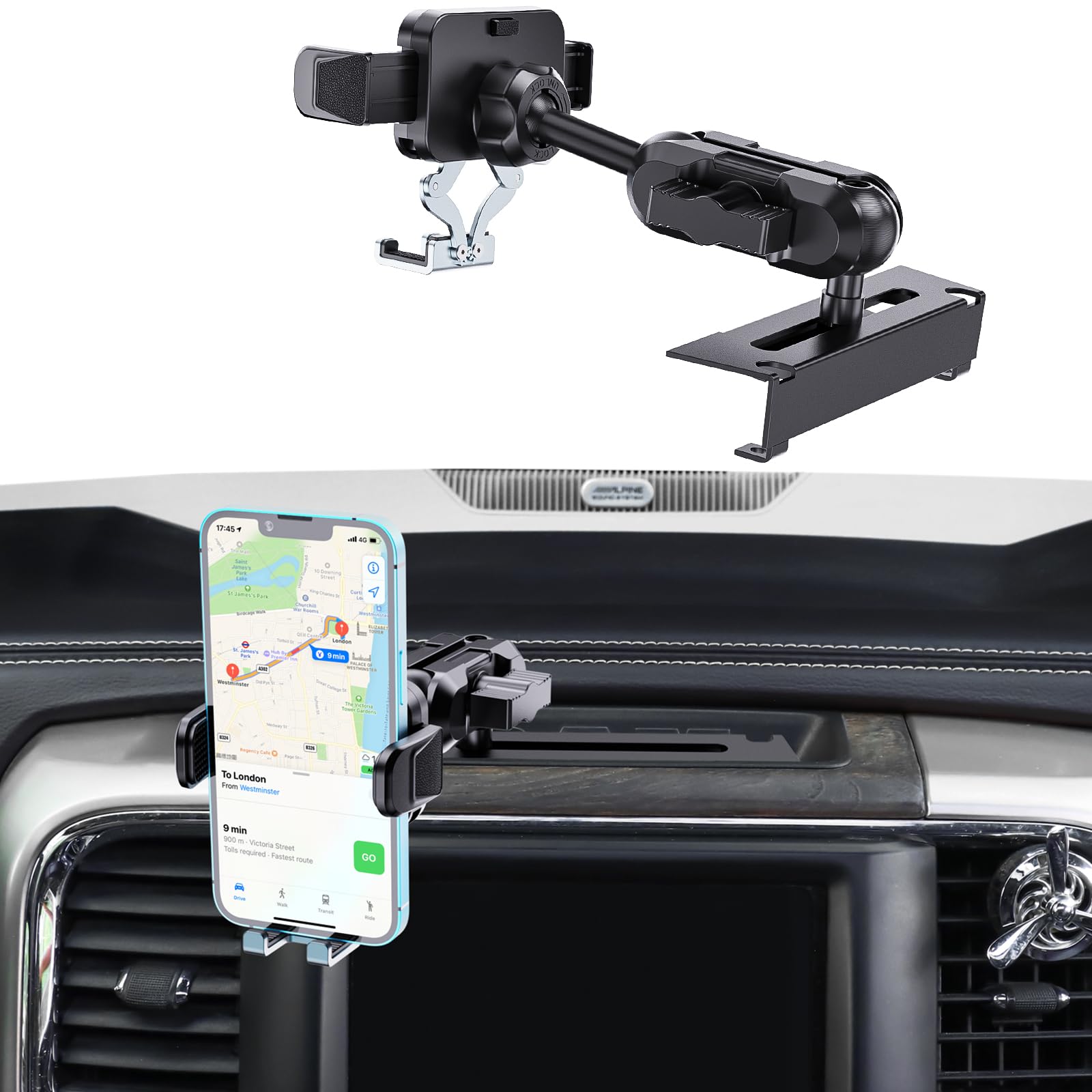 Kaishengyuan Metal Phone Mount for Ram Truck 2013-2018, Dash Mount Cell Phone Holder Compatible with RAM 1500/2500/3500 & 2019+ Classic, Metal Ball Adapter Phone Stand Arm Fit for Most Smartphones