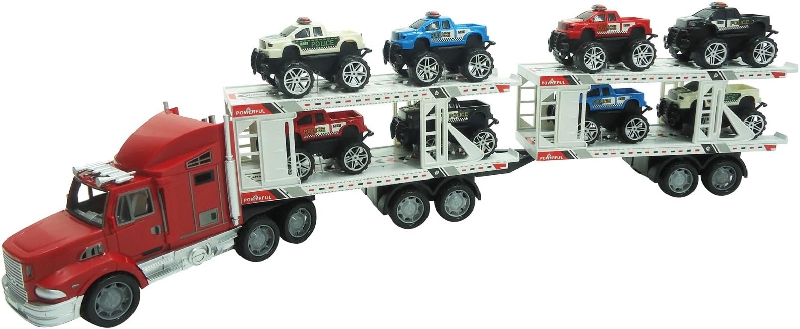 Toy Trucks Power Speed Race Trailer Friction Powered w/ Trailer, 8 Toy Cars (Colors May Vary)
