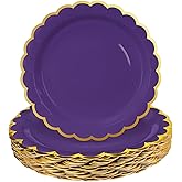 HEIPINIUYE 50 Pieces Purple Paper Plates with Gold Foil 7 Inch Disposable Purple Scalloped Dinner Plates for Wedding Baby Shower Birthday Party Dessert Plate