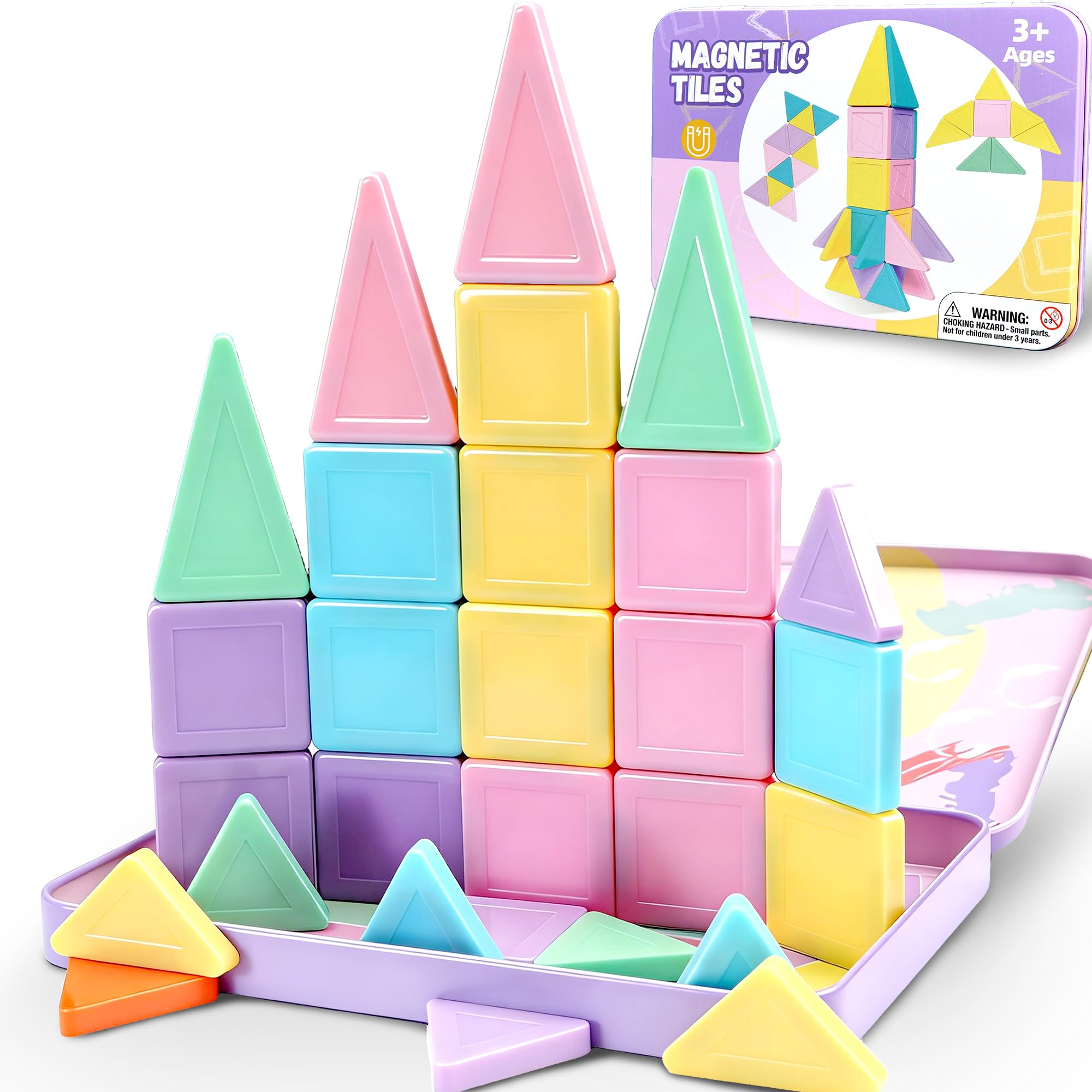 Mini Magnet Tiles for Girls Age 3 4 5 6 7 8 Year, 36PC Macaron Set Airplane Travel for Toddler Kids Restaurant Road Trip Magnetic Toy Building Fidget Classroom STEM Building Toy Easter Basket Stuffers