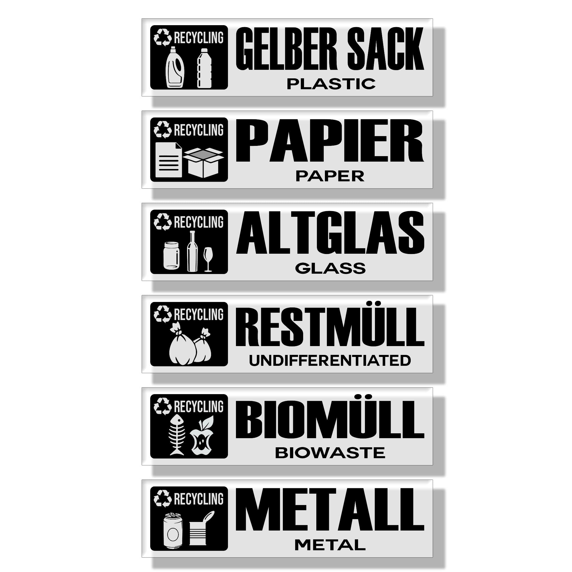 GamesMonkey® - Separate Recycling Waste Collection Stickers – DE – V5 – Transparent – Washable Illustrated Waterproof – German English – Glossy Vinyl DH (15 x 4 cm, 6 Pieces)