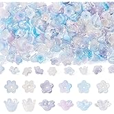 FASHEWELRY 180Pcs Sky Blue Flower Beads Transparent Acrylic Crystal Wind Bell Beads 6 Styles Pearlized Petal Floral Spacer Bead Caps Bulk for Jewelry Making Bracelets Necklace