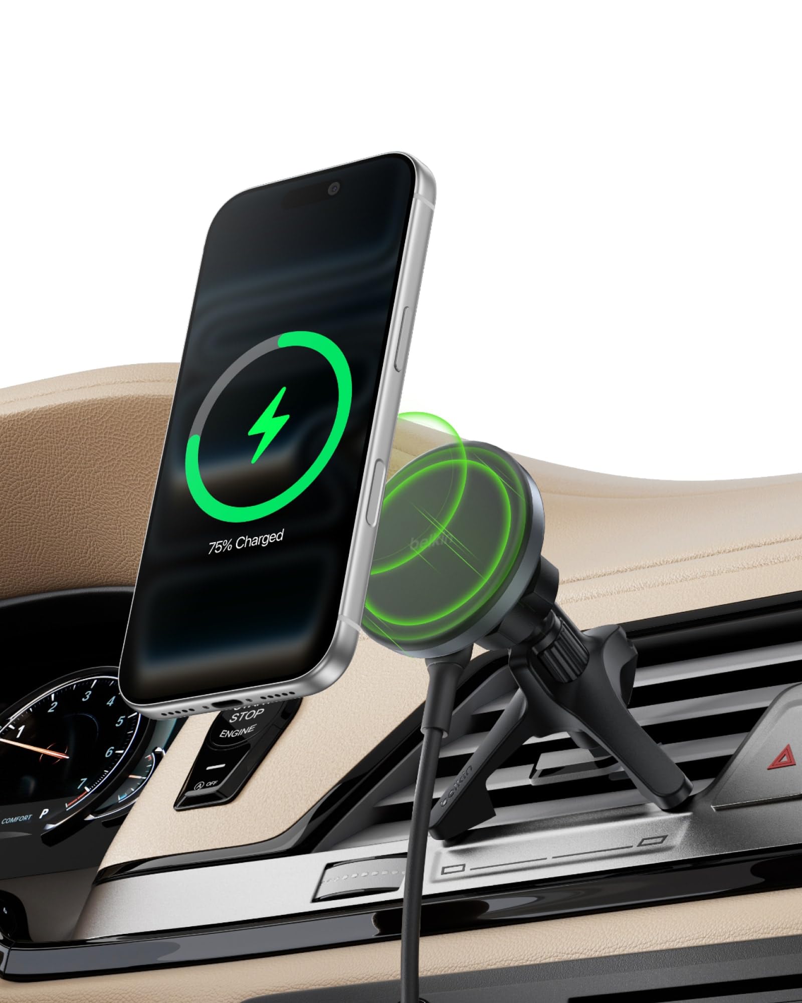 Belkin Wireless Car Charger, Magnetic Car Vent Mount w/ 3.3ft USB C Cable, Qi2 MagSafe Compatible Fast Charging iPhone Charger for iPhone 17, Galaxy S26, Pixel 10, & More - Travel Accessories - Black