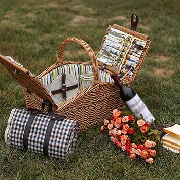 Amazon Co Jp Ltlsf Wicker 4人用ピクニックバスケット ハンドメイドアウトドアピクニックギフトセット ポータブルバスケット ピクニックマット ゴブレット その他のピクニック用品 cm Sports