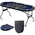 VEVOR Foldable Poker Table for 8 Player, Blackjack Texas Holdem Table with Padded Rails and Stainless Steel Cup Holders, 72" Oval Casino Leisure Table,Blue,Portable Folding Card Board Game Table