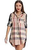 Acloth Women's Plaid Button Down Shirts Roll-up Sleeve Blouses Loose Fit Tops with Pocket
