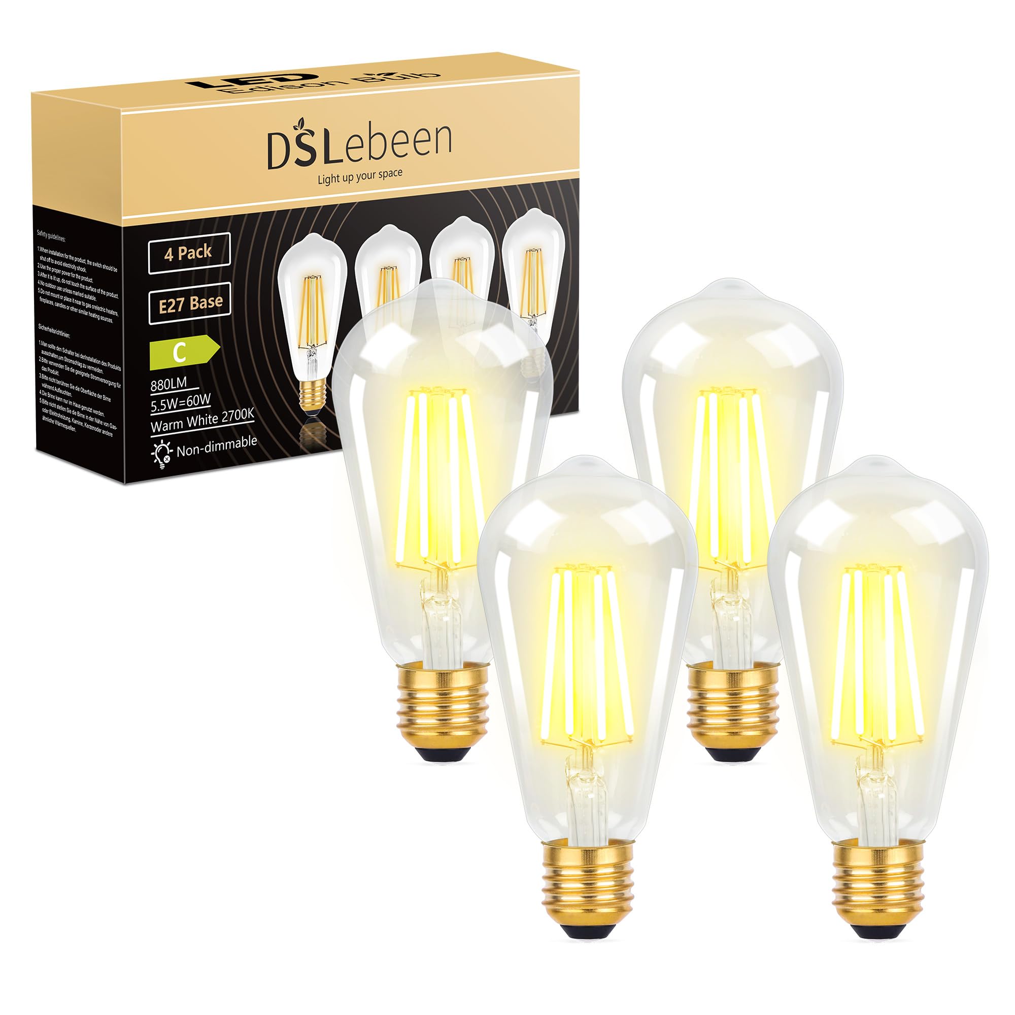 DSLebeen E27 LED Light Bulbs, ST64 Edison Screw Bulb 800lm 5.5W Decorative Filament Clear Glass Vintage Lighting CRI 90+ Warm White 2700K Non-Dimmable 4 Pack