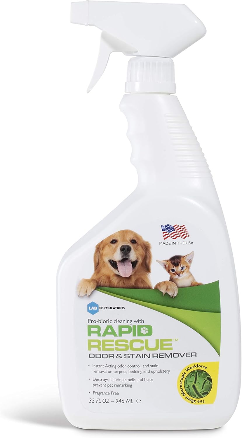 Rapid Rescue | Pet Odor Eliminator Urine Smell Remover | Natural Microbe Enzymatic Green Solution Fast-Acting on Cat & Dog Stains on Carpets, Wood Floors, Cars, Rugs (1pk): Health & Personal Care