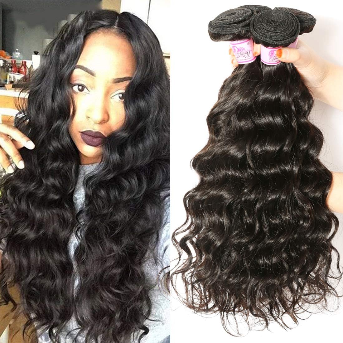 Beauty Forever Hair Brazilian Natural Wave Virgin Hair Weave 3 Bundles 100% Unprocessed Human Hair Extensions Natural Color 95-100g/pc (20 22 24)