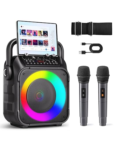 Karaoke Machine for Adults Kids, Portable Bluetooth Karaoke Speaker with 2 Wireless Microphones System with Lights, PA System for Home Party Supports USB/TF/REC/FM/AUX(No Screen Included)
