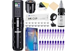 Mast Tattoo Gun Kit, Fold2 Pro Wireless Rotary Pen Machine, Motor by Mcore, 7 Strokes Length, Tattoo Needles Cartridges, Blac