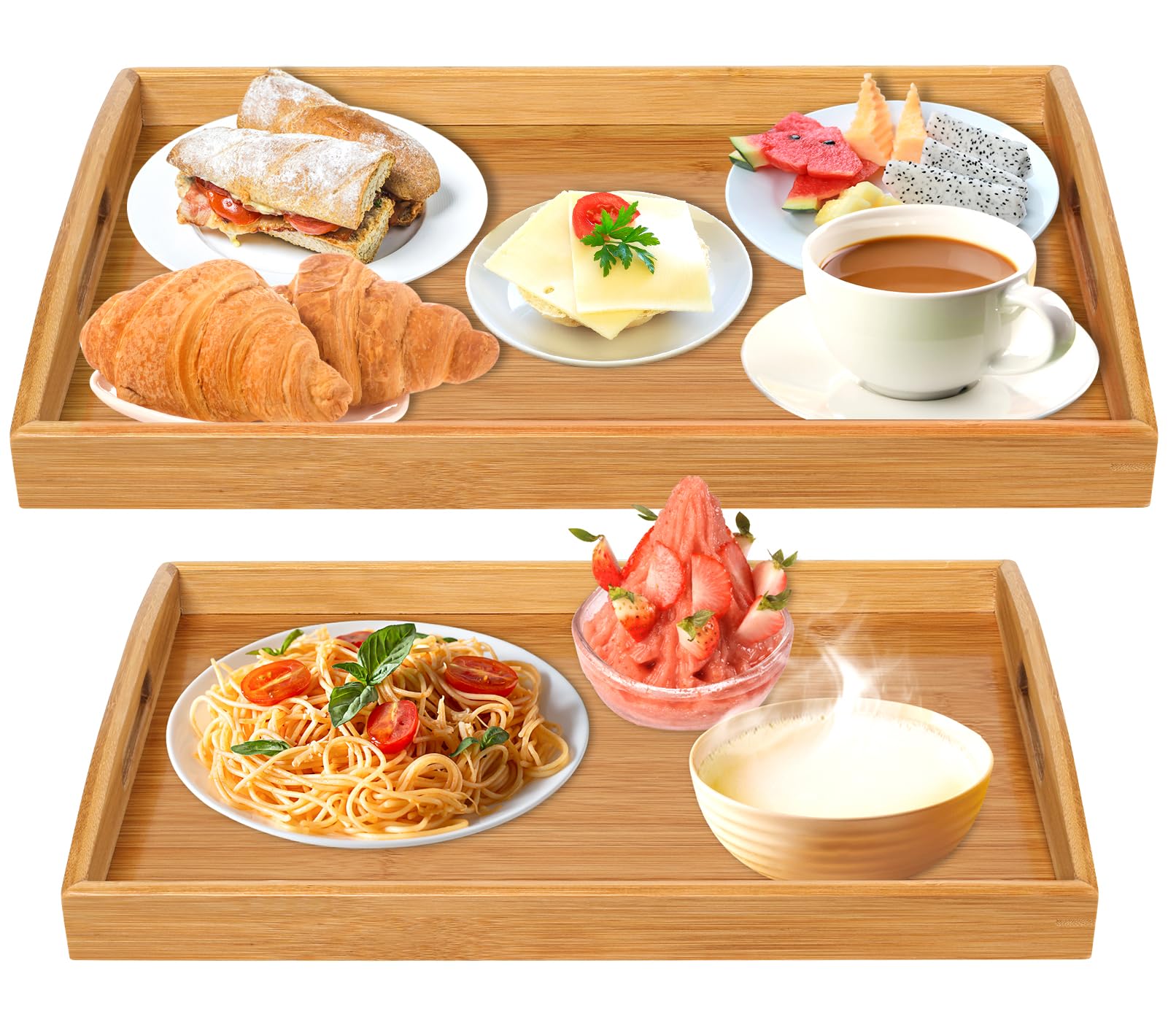 Photo 1 of 2 Pack Bamboo Serving Tray with Handles, Portable Bed Tray for Breakfast Dinner, Eating Trays for Living Room,Restaurants