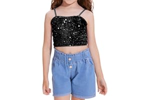 CharmWM Girls Sleeveless Tank Top Sequin Spaghetti Strap Crop Cami Camisole Sparkly Dance Blouse