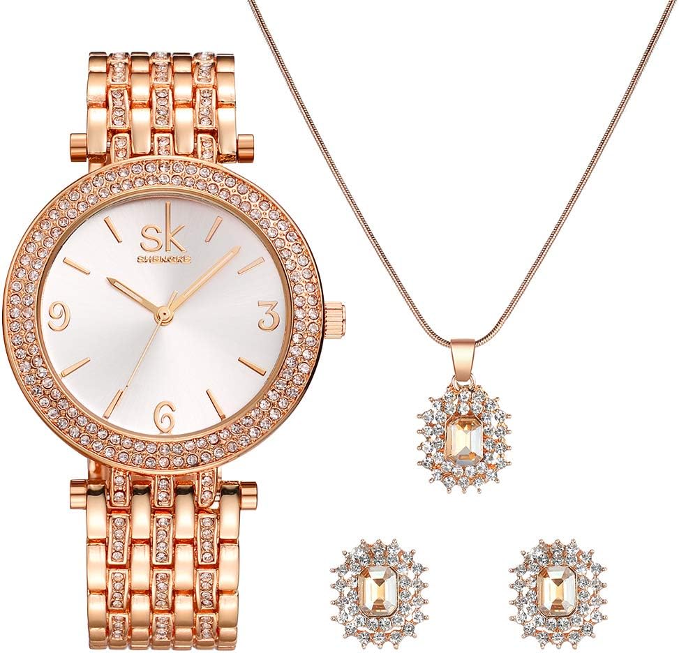 Women Quartz Wrist Watches with Rose Gold Earring and Necklace 3 Sets for Christmas Gifts Valentine's Day