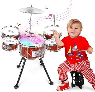 m zimoon Kids Drum Kit Jazz 5 Drums Stool Pedal Cymbal Lights Toys Gift