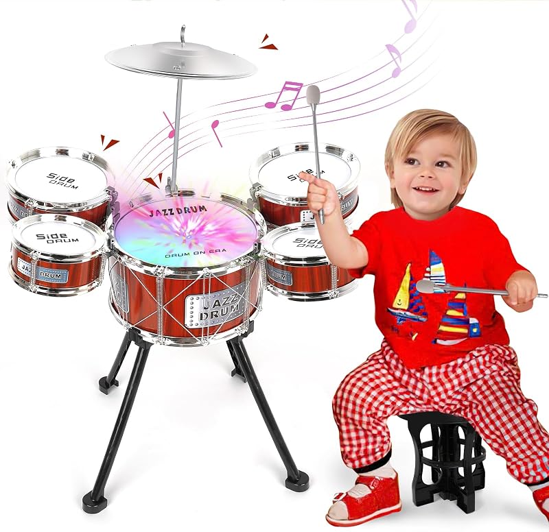 m zimoon Kids Drum Kit Jazz 5 Drums Stool Pedal Cymbal Lights Toys Gift