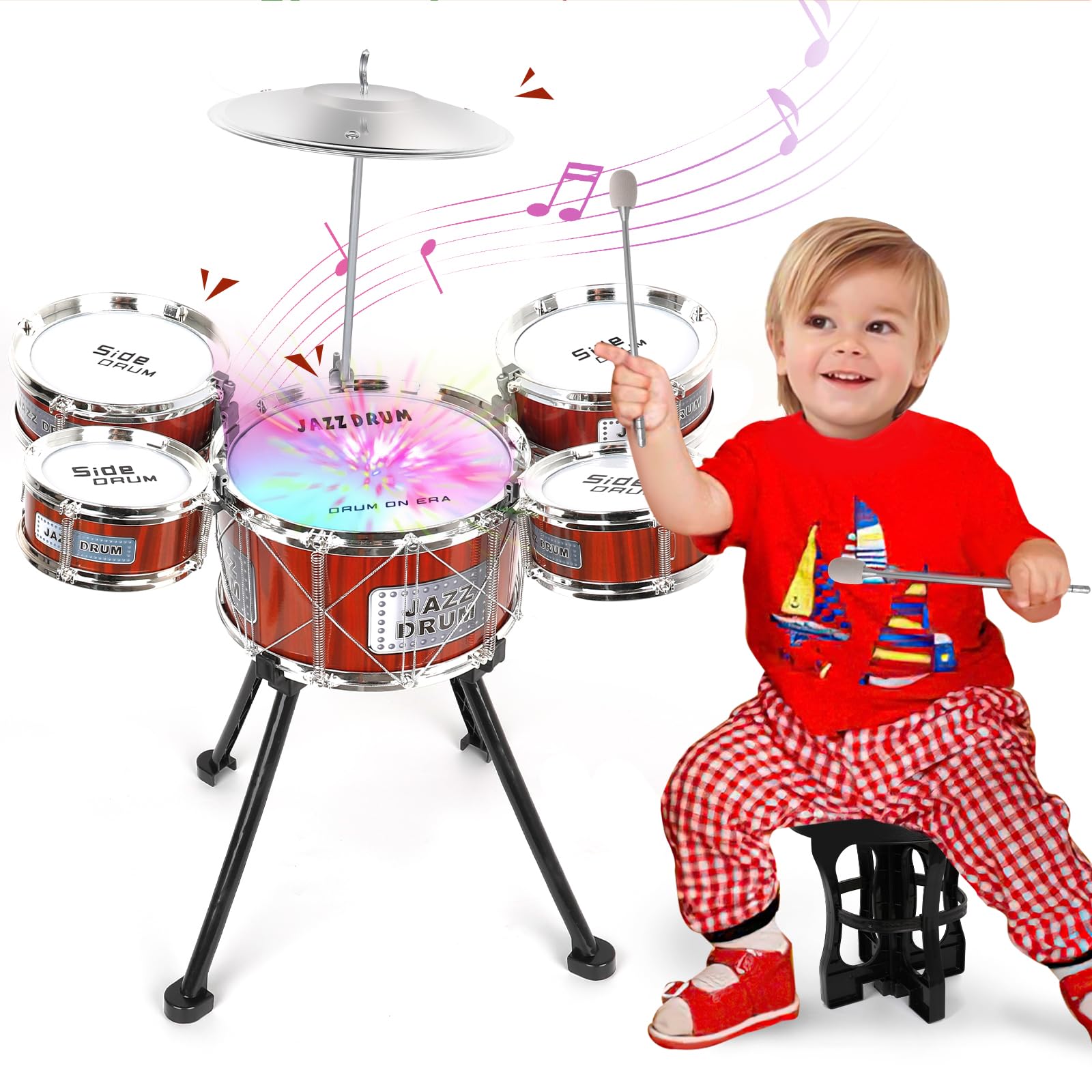 m zimoon Kids Drum Kit, Jazz Kids Drum Set 5 Drums, Musical toy Instruments Upgraded Band Rock Sets with Stool Pedal Cymbal and Drumsticks, Toys Gift for Beginners 3 4 5 6 7 8 9 Year Old Boys Girls
