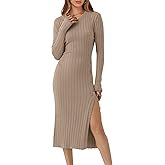 ANRABESS Womens 2025 Fall Long Sleeve Midi Dress Ribbed Knit Bodycon Fitted Button Down Wedding Guest Slit Sweater Dresses