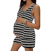 BLENCOT Women's Striped Maternity Romper Casual Sleeveless V Neck Button Down Pregnancy Clothes with Pockets