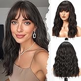 HAIRCUBE Long Wig with Bangs Synthetic Wavy Wigs for Women Natural Black Color