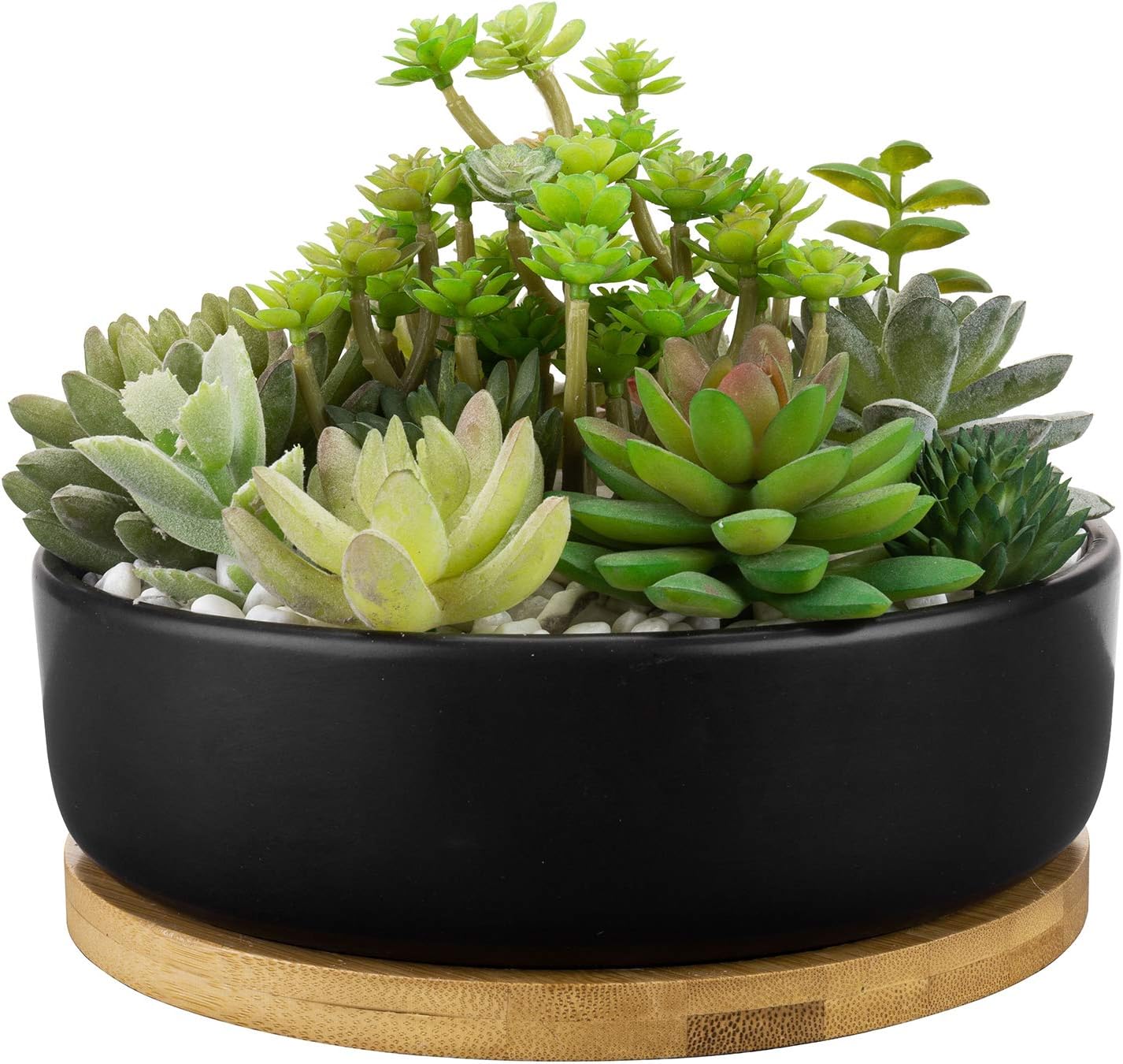 MyGift 8 Inch Matte Black Ceramic Round Succulent Flower Herbs Tabletop Garden Planter Pot with Bamboo Saucer Tray