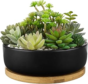MyGift 8 Inch Matte Black Ceramic Round Succulent Flower Herbs Tabletop Garden Planter Pot with Bamboo Saucer Tray