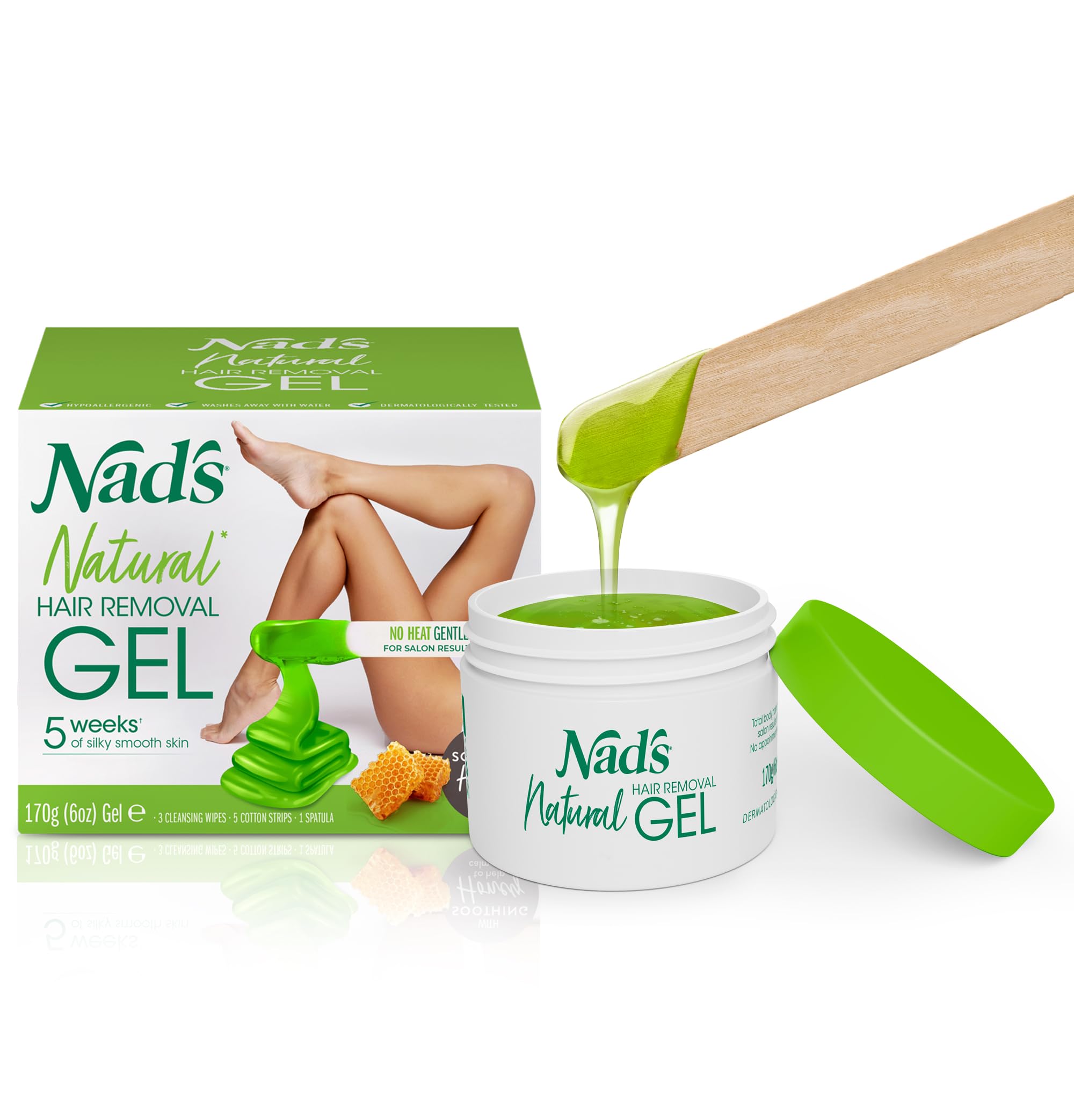 Nad's Original Natural Hair Removal Gel Wax Kit, Waxing Kit for Body, Arms, Bikini, Legs and Face, No-heat Formula, Includes 1 Spatula, 5 Reusable Cotton Strips, 3 Cleansing Wipes, Gel Wax 170g
