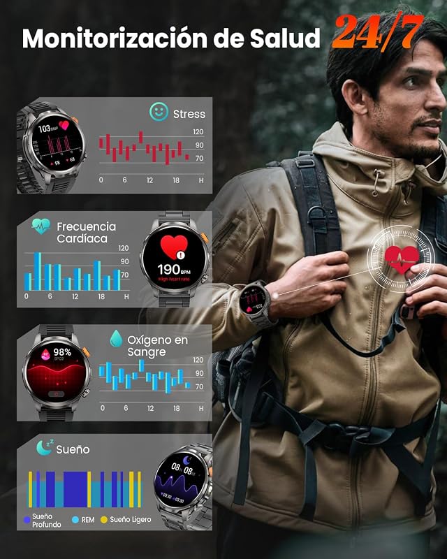 Reloj Inteligente Hombre con 1000mAh Batería y Linterna, Negro — foto 6 de 8